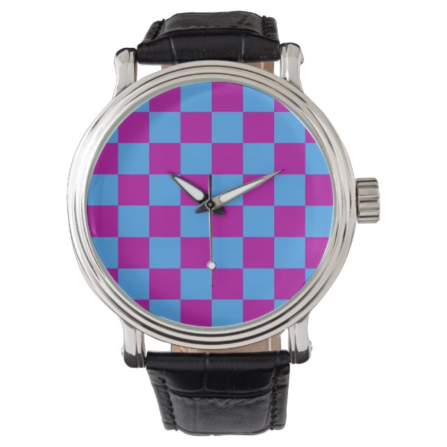 Purple Blue Chequered Check Pattern Watch (Front)