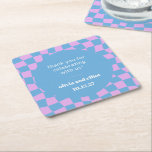 Purple Blue Chequered Retro Custom Couples Shower Square Paper Coaster<br><div class="desc">These custom coasters are a vibrant and playful addition to any celebration. Featuring a trendy blue-and-lavender chequered design, they bring a modern yet whimsical vibe to your event. The text, set in clean and simple typography, creates a perfect balance between fun and elegance. Whether you're hosting a wedding reception, bridal...</div>
