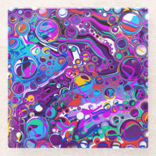 Purple, Blue Colorful Bubbles Abstract Modern  Glass Coaster