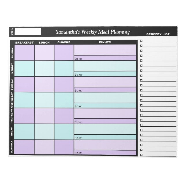 Purple & Blue Custom Weekly Meal Planning Notepad (Front)