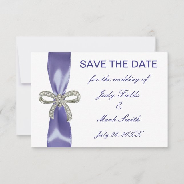 Purple Blue Diamond Bow Save The Date Card (Front)