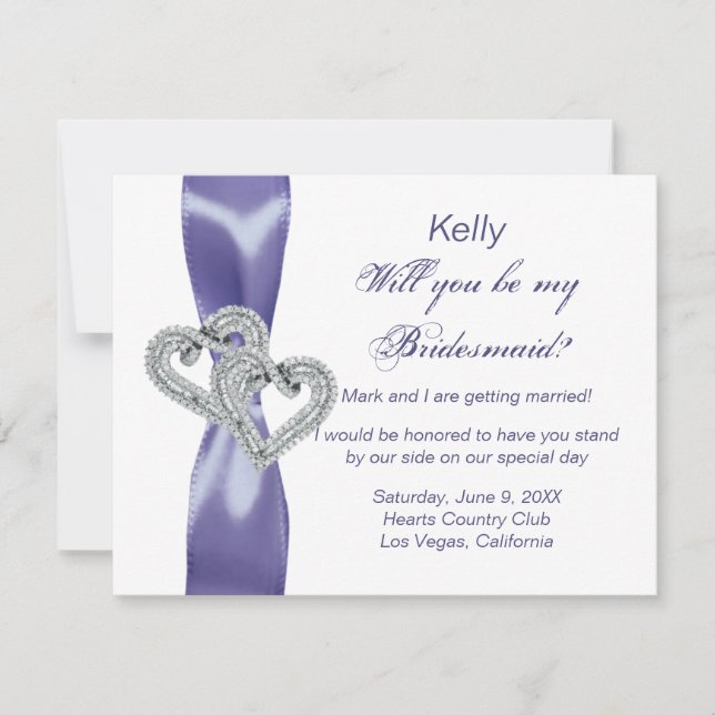Purple Blue Diamond Hearts Bridesmaid Card (Front)