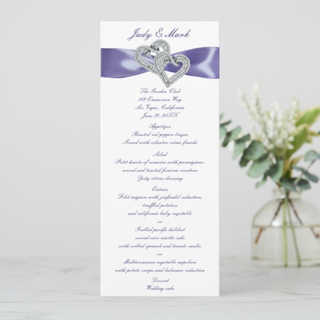 Purple Blue Diamond Hearts Wedding Menu Card (Standing Front)