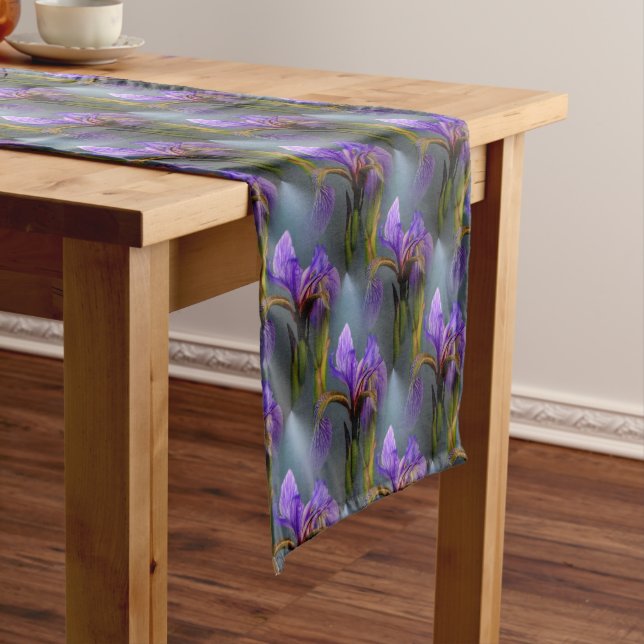 Purple Blue Flag Iris Flowers Nature Pattern Short Table Runner (In Situ)