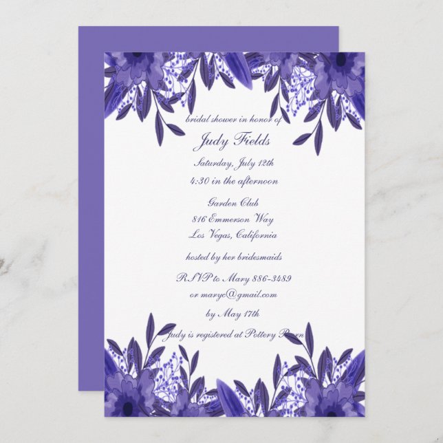 Purple Blue Floral Foliage Bridal Shower Invitation (Front/Back)