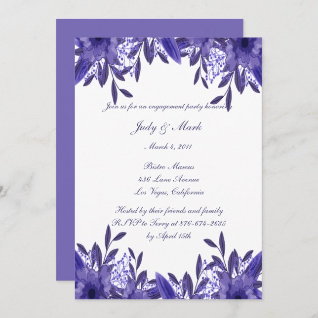 Purple Blue Floral Foliage Engagement Party Invitation (Front/Back)