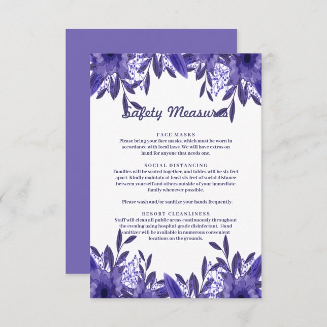 Purple Blue Floral Foliage Safety Measures Card (Front/Back)