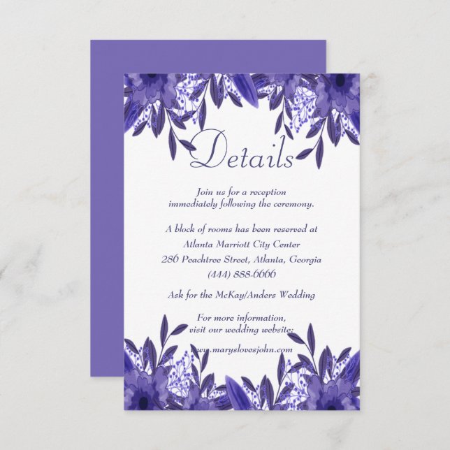 Purple Blue Floral Foliage Wedding Details Card (Front/Back)