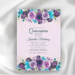 Purple Blue Floral Gold Glitter Quinceañera Invitation