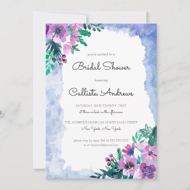 Purple Blue Floral Watercolor Bridal Shower Invitation (Front)