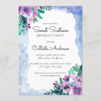 Purple Blue Floral Watercolor Sweet 16 Birthday