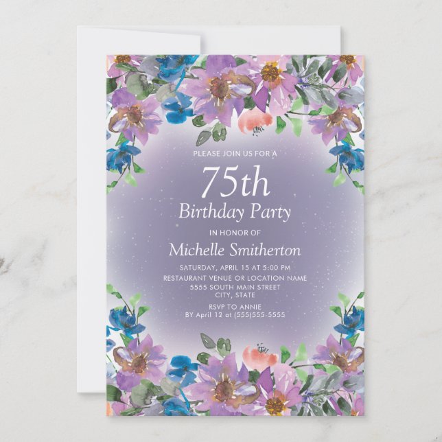 Purple Blue Floral Women's 75th Birthday  Invitation (Front)
