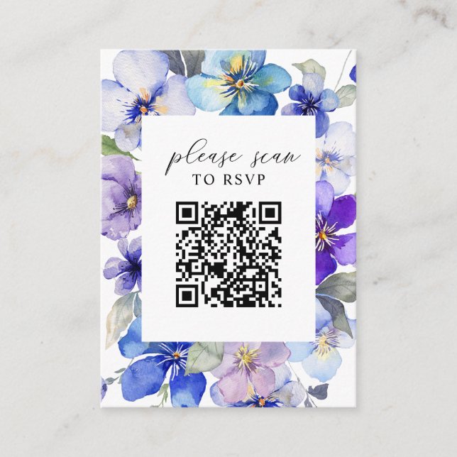 Purple Blue Florals QR Code Wedding RSVP Enclosure Card (Front)