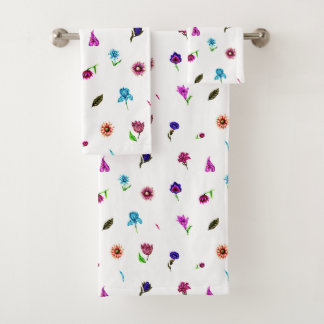 Purple & Blue Flower Print, Modern Floral Print Bath Towel Set