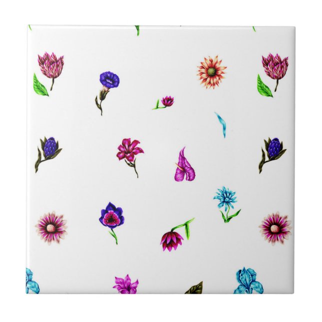 Purple & Blue Flower Print, Modern Floral Print Tile (Front)