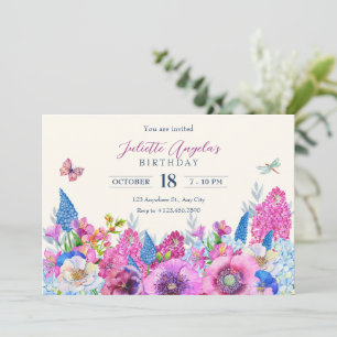 Purple blue flowers bloom spring birthday invitation