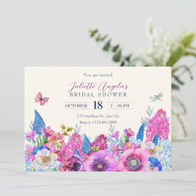 Purple blue flowers bloom spring bridal shower invitation (Standing Front)