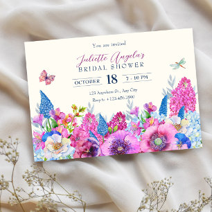 Purple blue flowers bloom spring bridal shower invitation