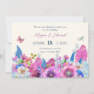 Purple blue flowers bloom spring wedding invitation