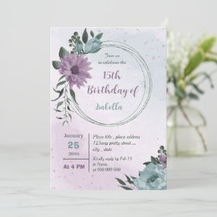 purple blue flowers botanical birthday invitation