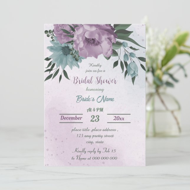 purple blue flowers botanical bridal shower invitation (Standing Front)