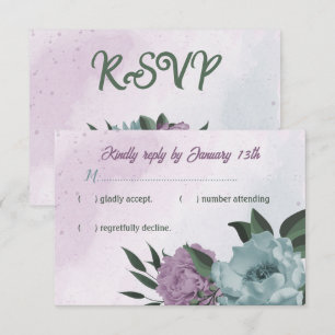 purple blue flowers botanical wedding RSVP card