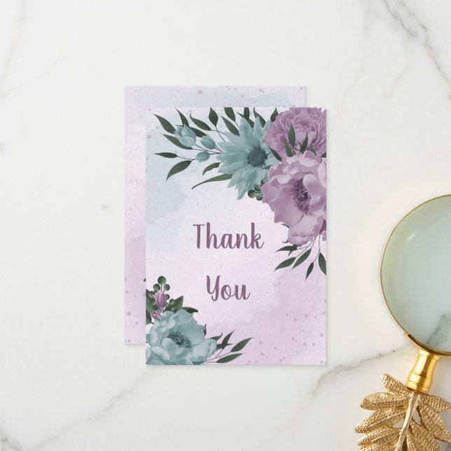 purple blue flowers botanical wedding thank you card (Front/Back In Situ)