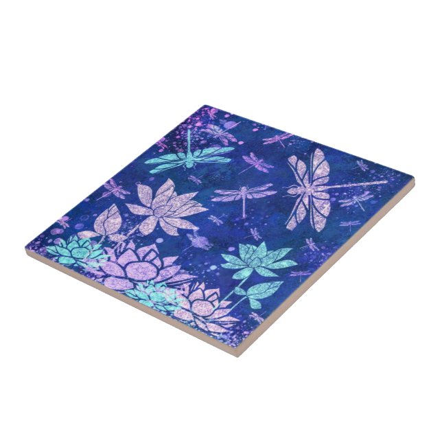 Purple Blue Flowers Dragonflies Ceramic Tile (Side)