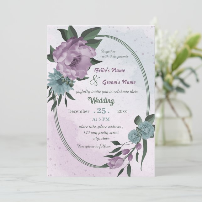purple blue flowers geometric wedding  invitation (Standing Front)