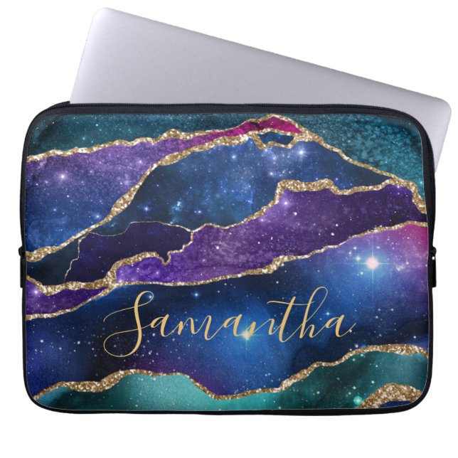 Purple & Blue Galaxy Agate with faux gold glitter Laptop Sleeve (Front)