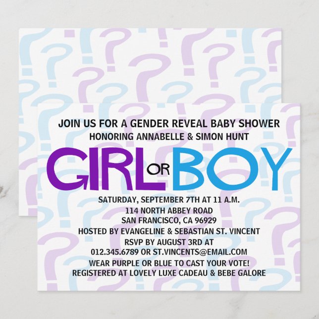 Purple & Blue Gender Reveal Baby Shower Party Invitation (Front/Back)