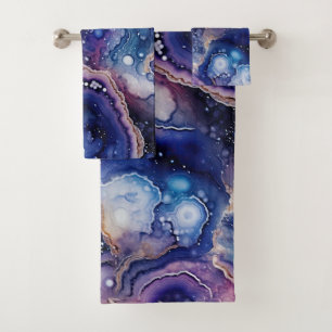 Purple Blue Geode Abstract with Bubble Mineral Bath Towel Set