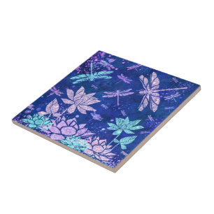 Purple Blue Glitter Flowers & Dragonflies - Beauty Tile