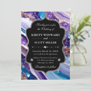 Purple Blue Glitter Marble Elegant Wedding Invitation