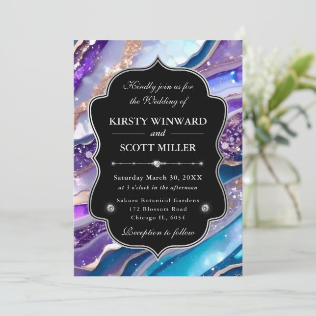 Purple Blue Glitter Marble Elegant Wedding Invitation (Standing Front)