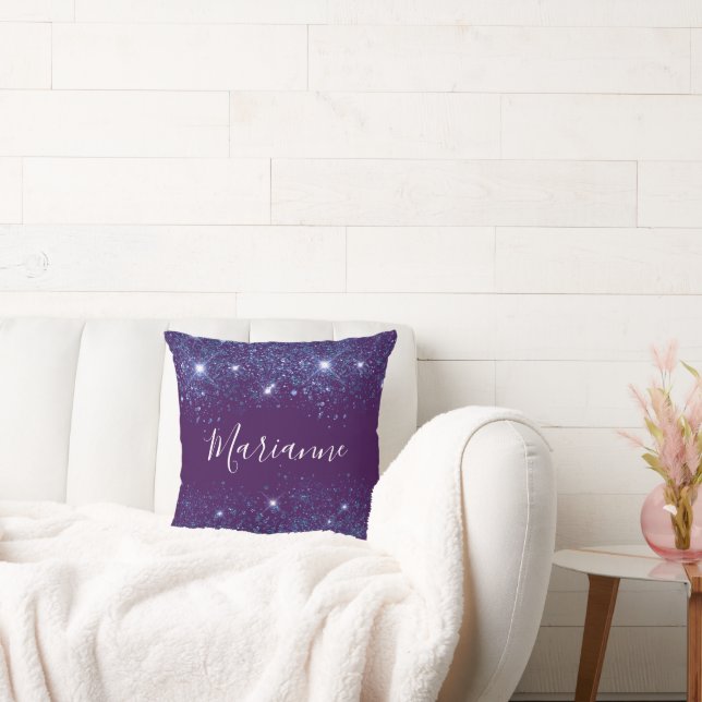 Purple blue glitter monogram name script cushion (Couch)