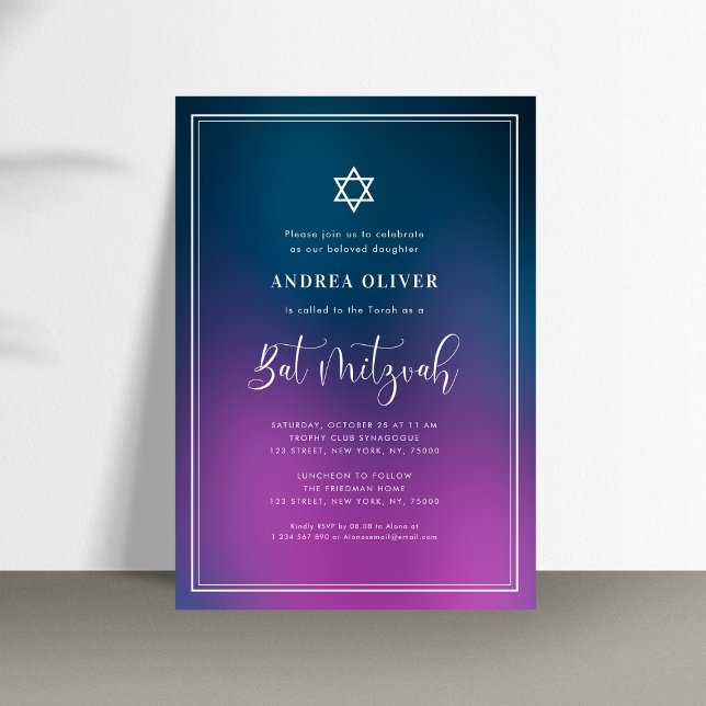 Purple Blue Gradient & Frame Bat Mitzvah Party Invitation (Creator Uploaded)