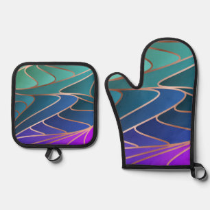 PURPLE BLUE GREEN GOLD ART NOUVEAU ABSTRACT OVEN MITT & POT HOLDER SET