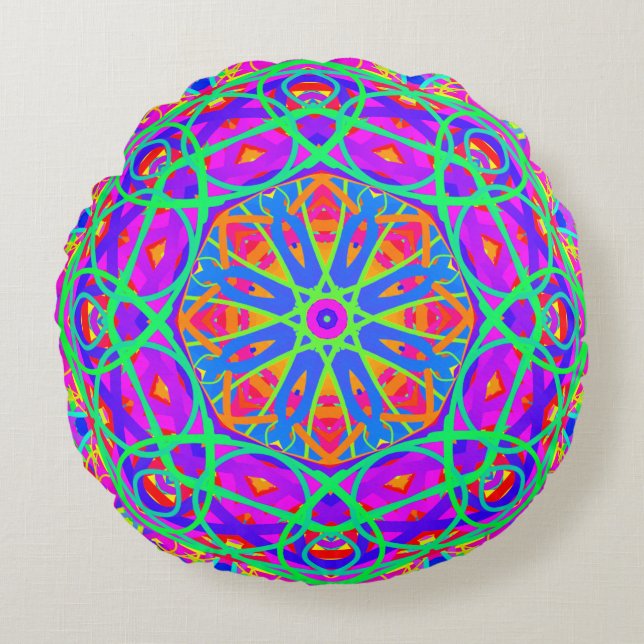 Purple Blue Green Mandala Boho Round Cushion (Front)