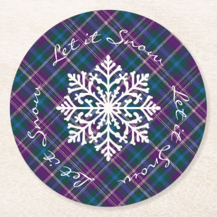 Purple, Blue & Green Plaid Snowflake Round Paper Coaster