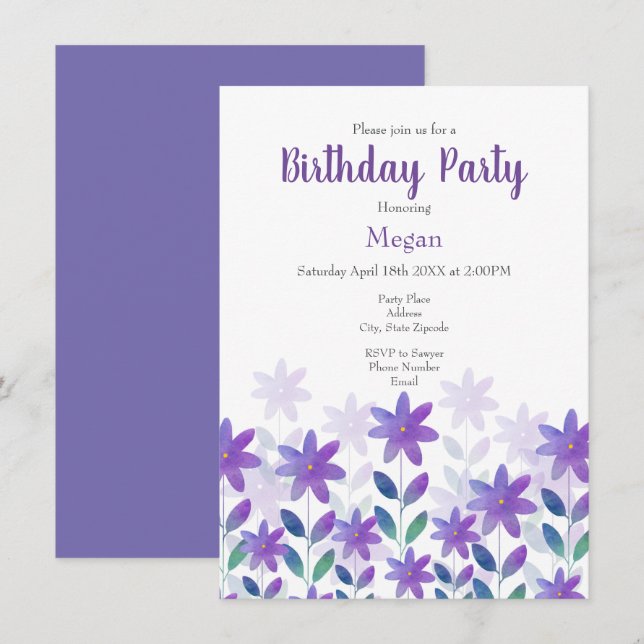 Purple Blue Green Watercolor Flower Garden Invitat Invitation (Front/Back)