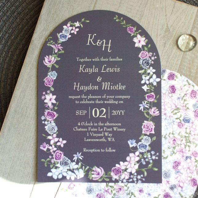 Purple Blue Grey Rose Garden Arches Canopy Wedding Invitation (modern arched slate gray lavender lilac blue purple roses boho wedding invitations, blue-gray solid)