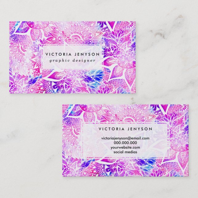 Purple blue henna boho floral mandala pattern business card (Front/Back)