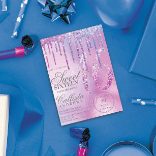Purple Blue Holographic Glitter Drips Sweet 16 Invitation