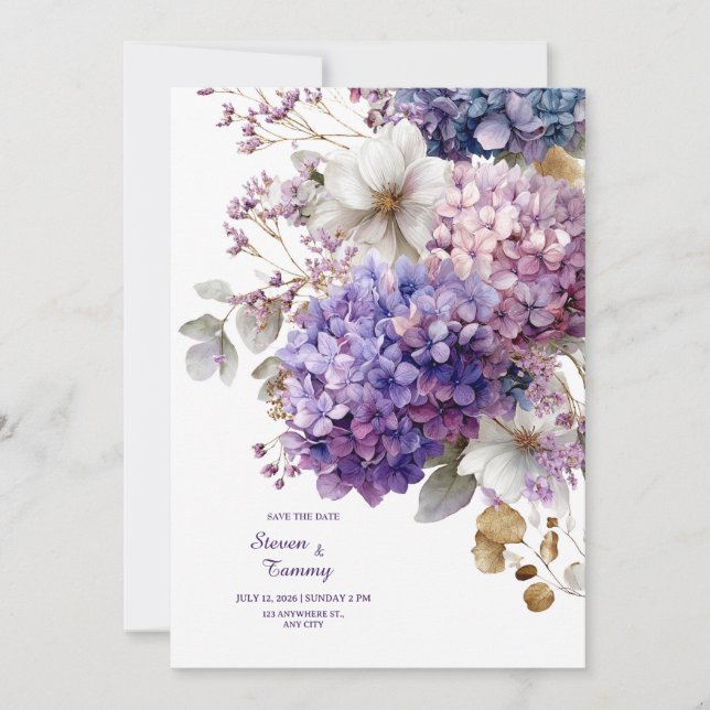 Purple Blue Hydrangea Gold Floral Watercolor Invitation (Front)