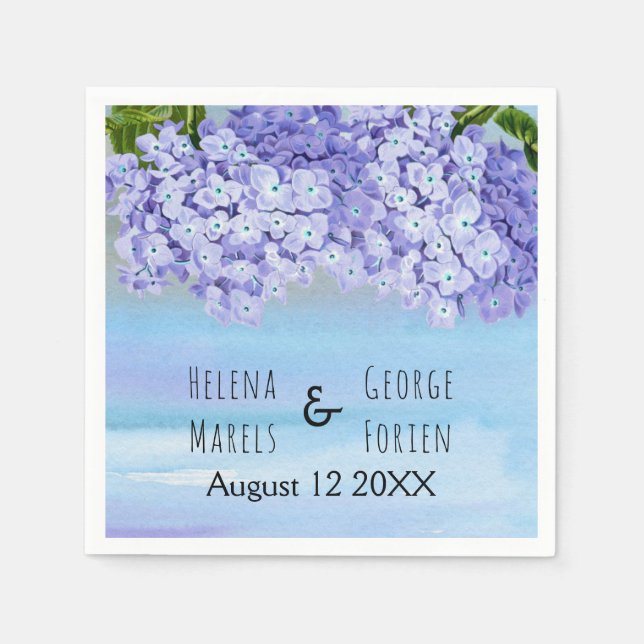 Purple blue hydrangea watercolor floral wedding napkin (Front)