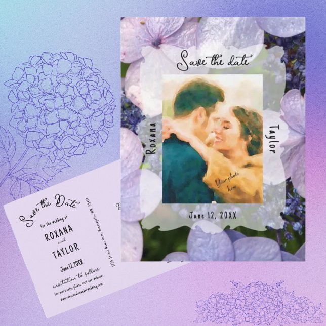 Purple Blue Hydrangea Wedding Photo Save the Date Postcard (Creator Uploaded)