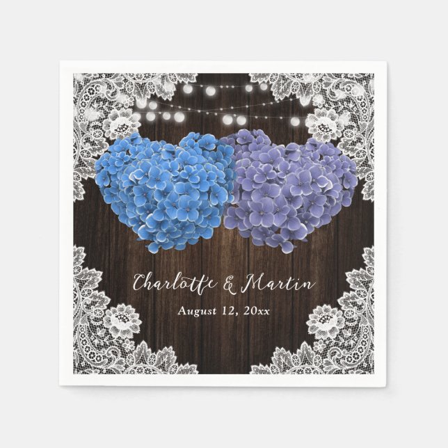 Purple Blue Hydrangea Wood Lights Floral Wedding Napkin (Front)