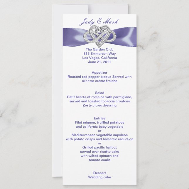 Purple Blue Infinity Heart Wedding Menu Card (Front)