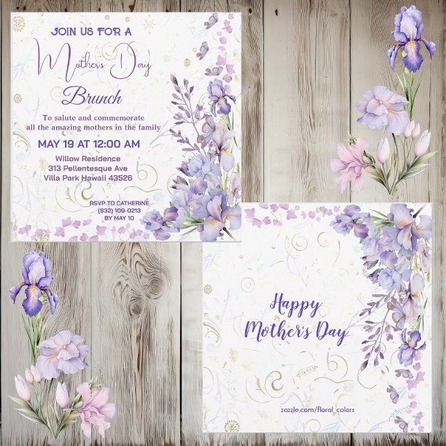 Purple Blue Iris Cute Butterfly Mothers Day Brunch Invitation (Purple Blue Iris Cute Butterfly Mothers Day Brunch Invitation)